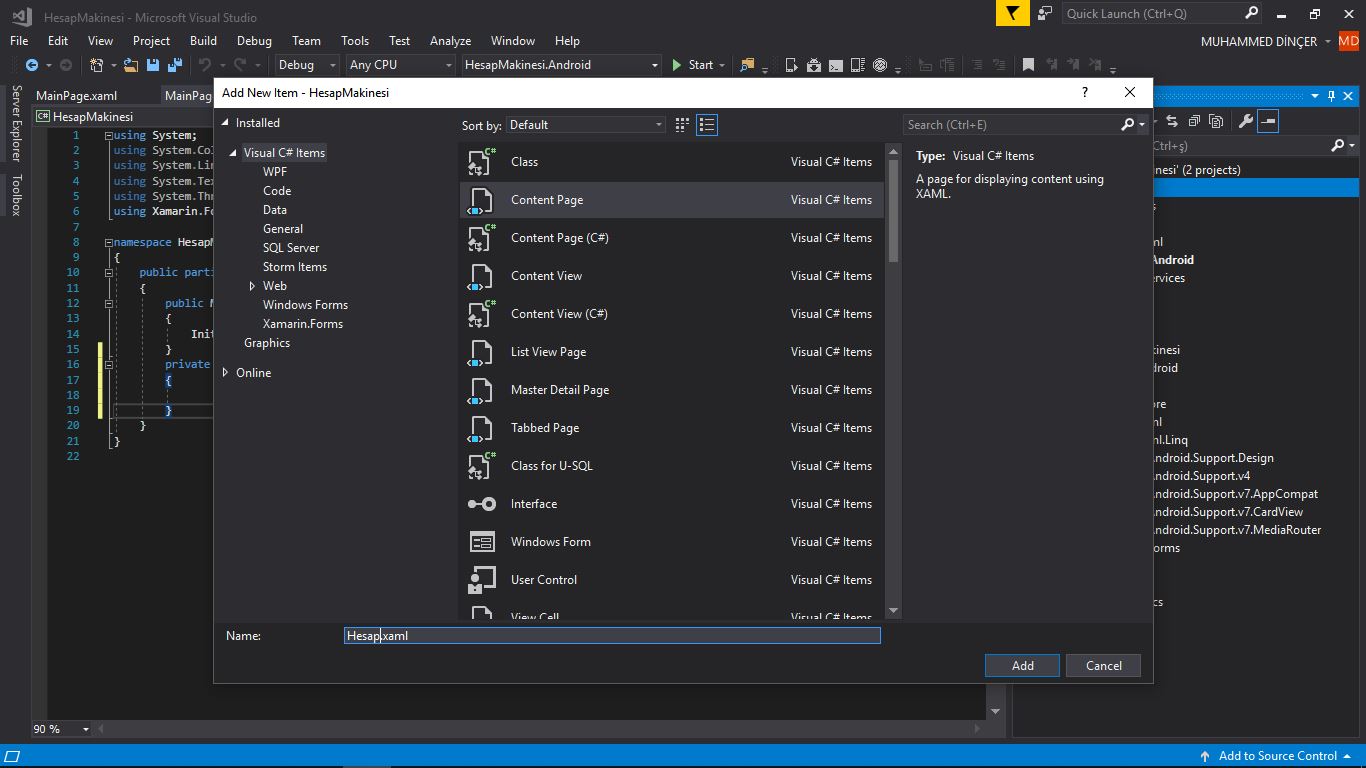 xamarin hesap sayfası açma